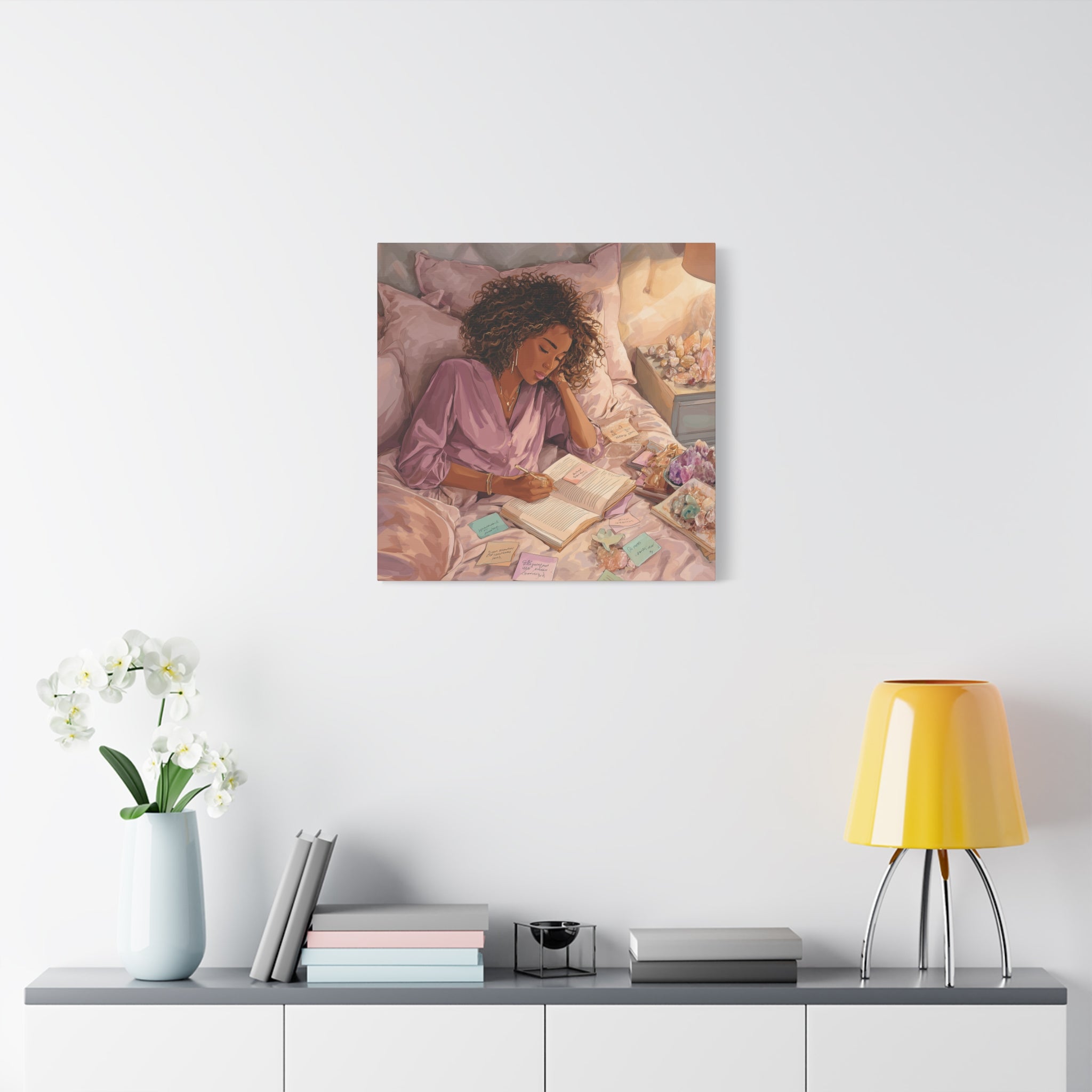 Woman Journaling with Crystals Canvas