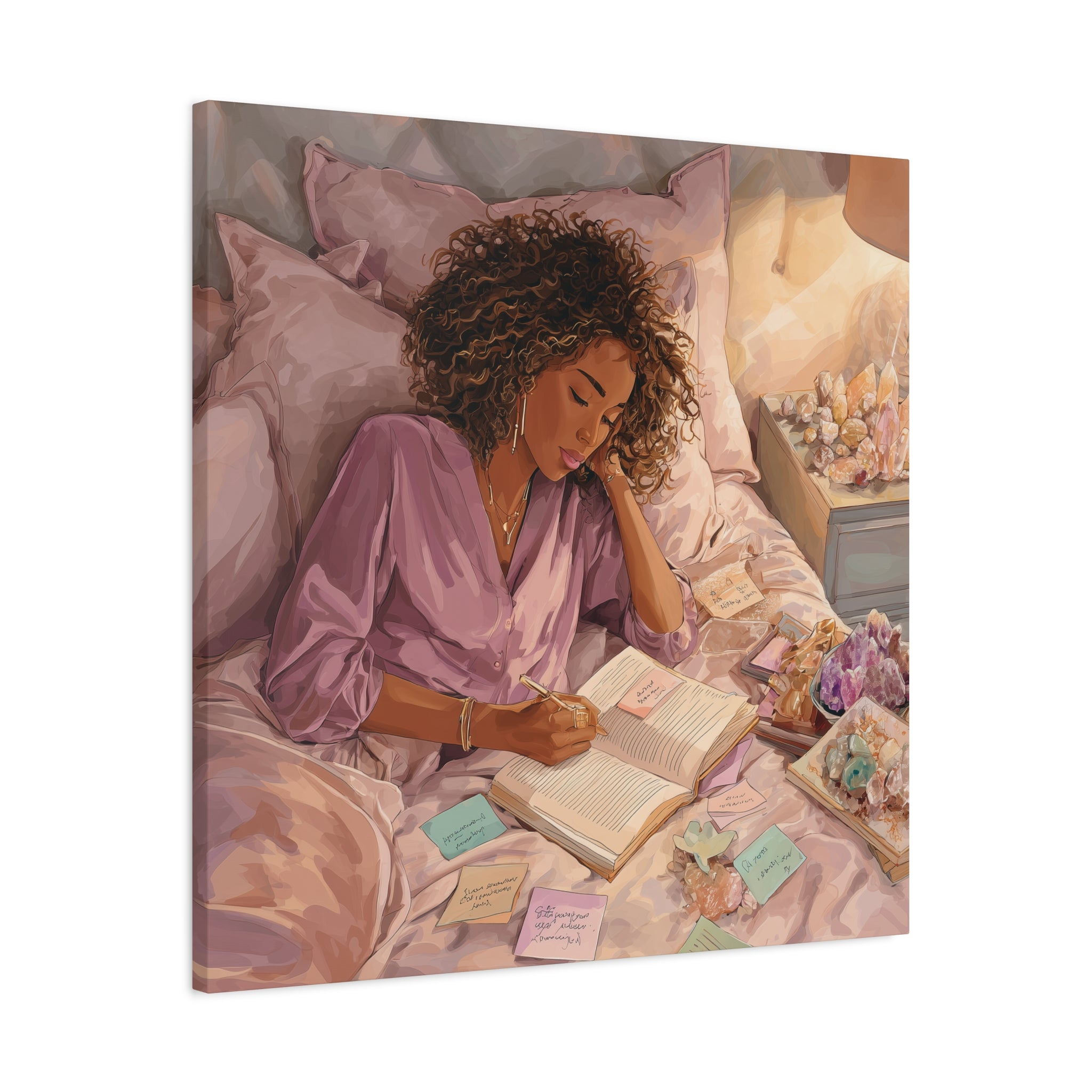 Woman Journaling with Crystals Canvas