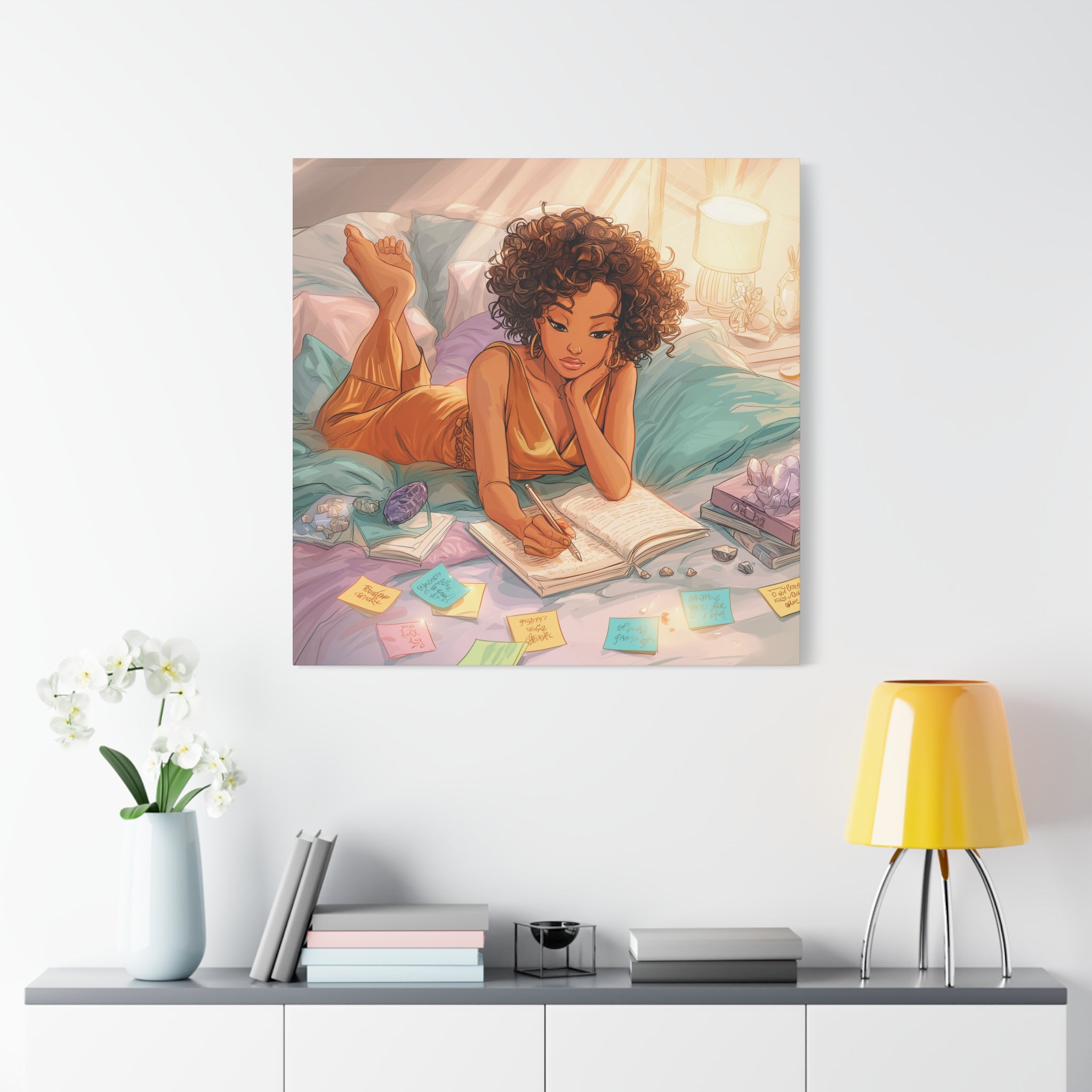 Curly-Haired Woman Journaling Canvas