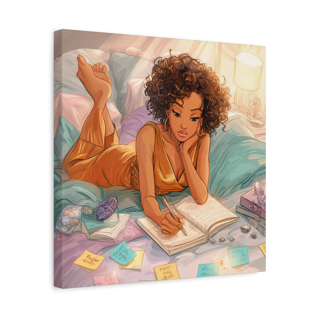 Curly-Haired Woman Journaling Canvas