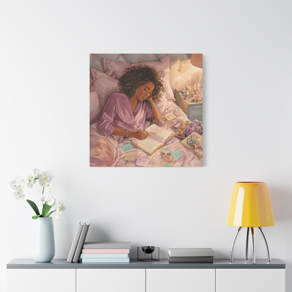 Woman Journaling with Crystals Canvas