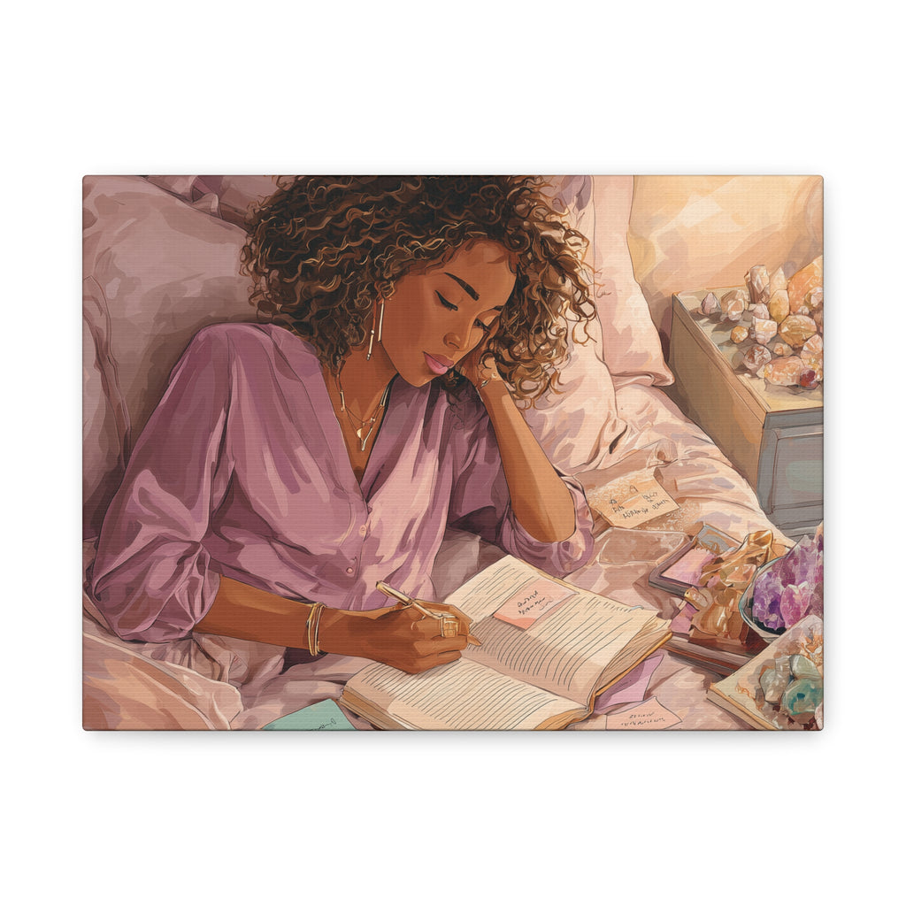 Woman Journaling with Crystals Canvas