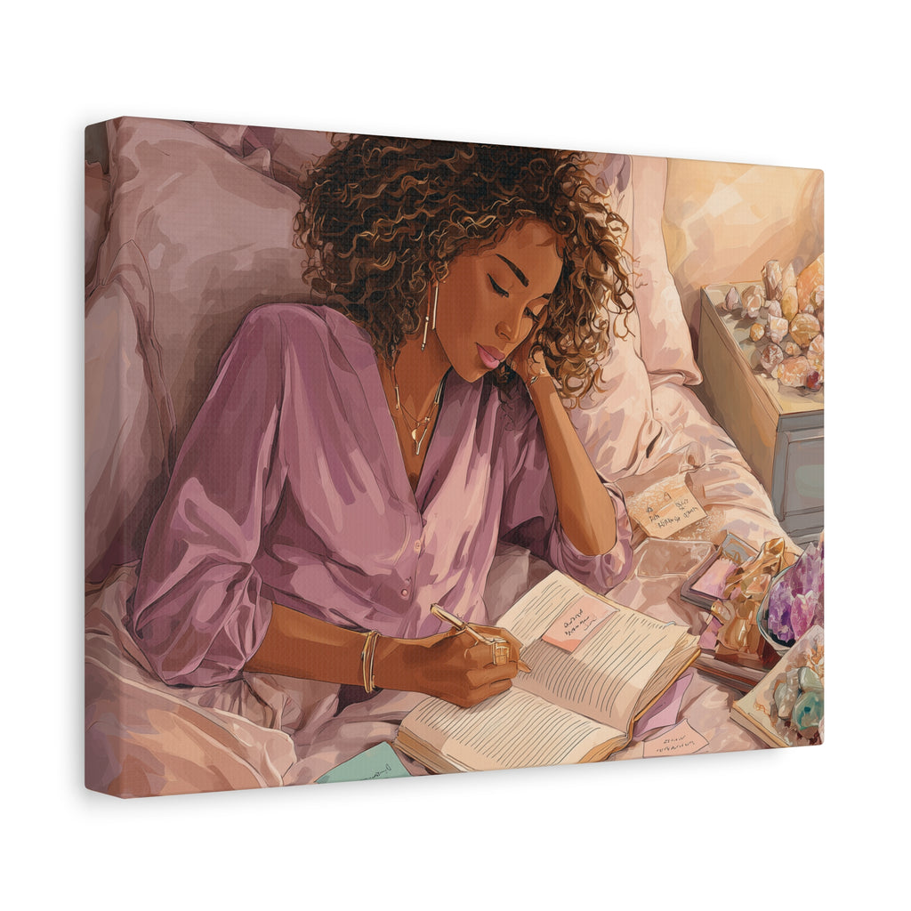 Woman Journaling with Crystals Canvas