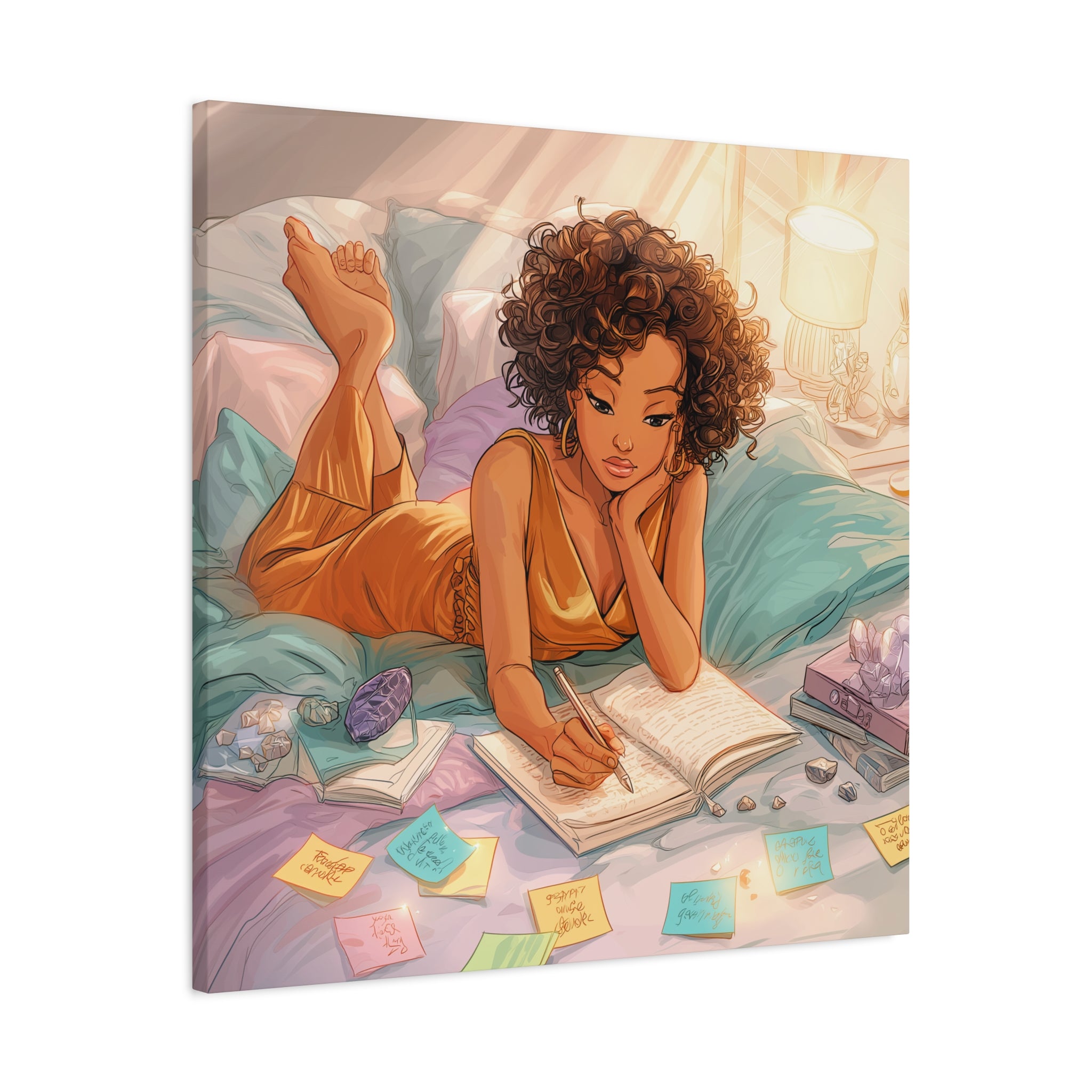 Curly-Haired Woman Journaling Canvas