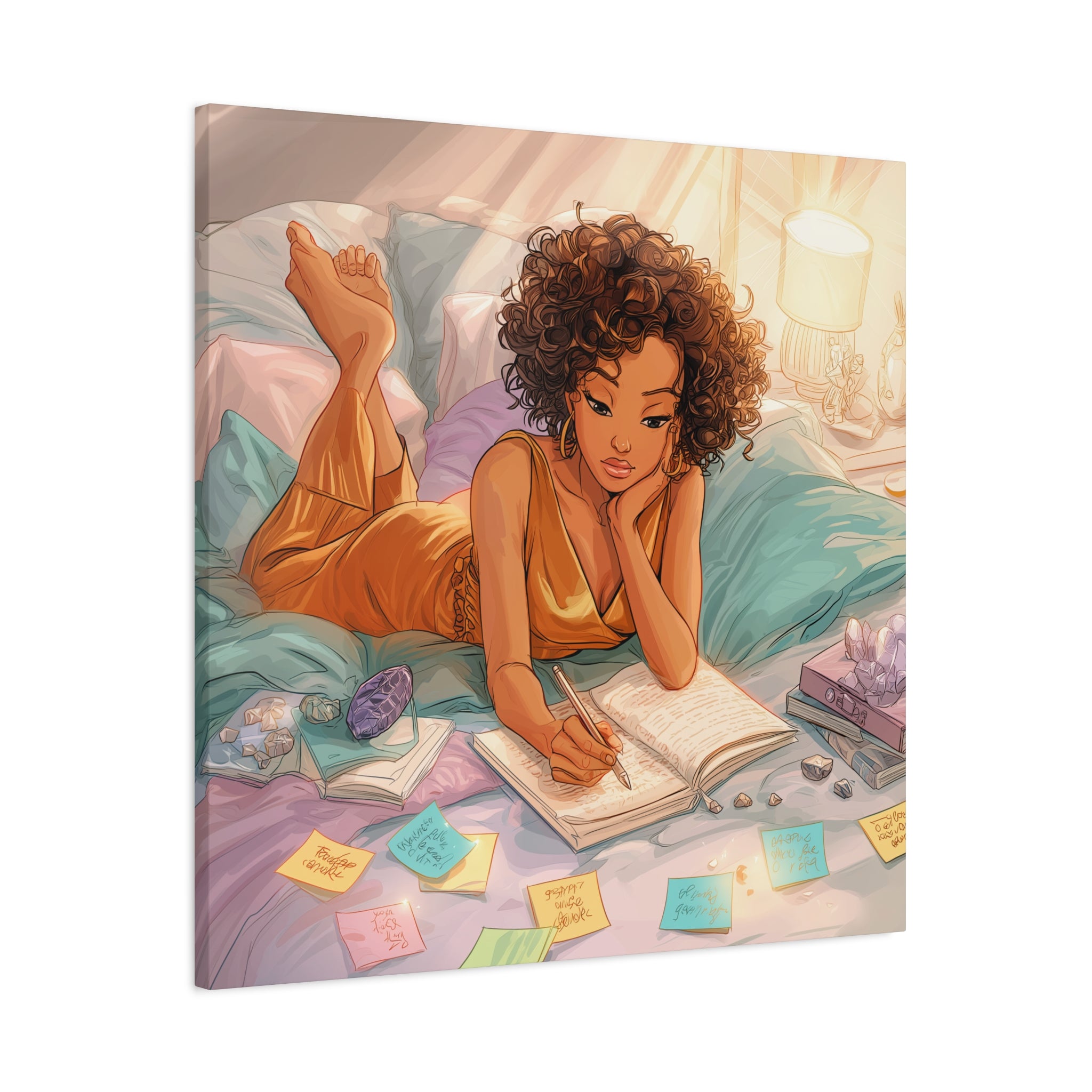 Curly-Haired Woman Journaling Canvas