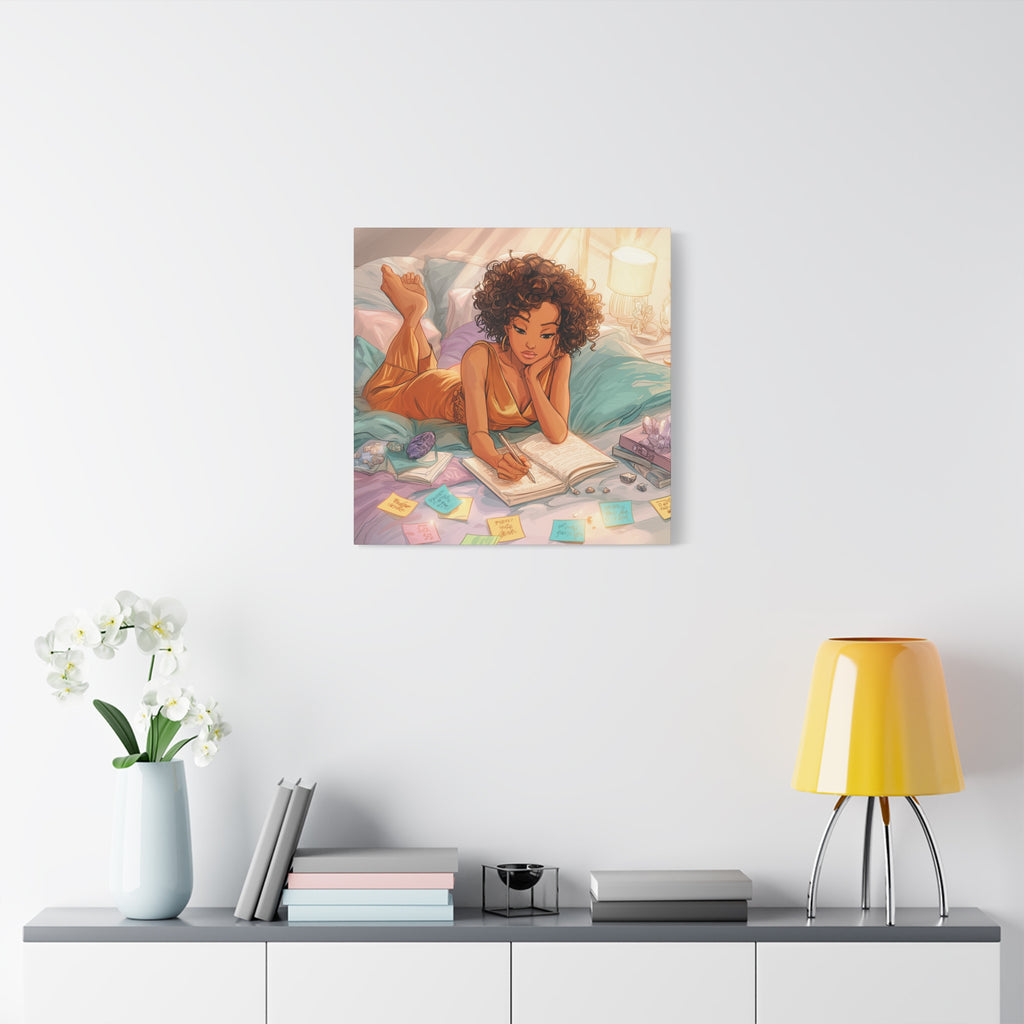 Curly-Haired Woman Journaling Canvas