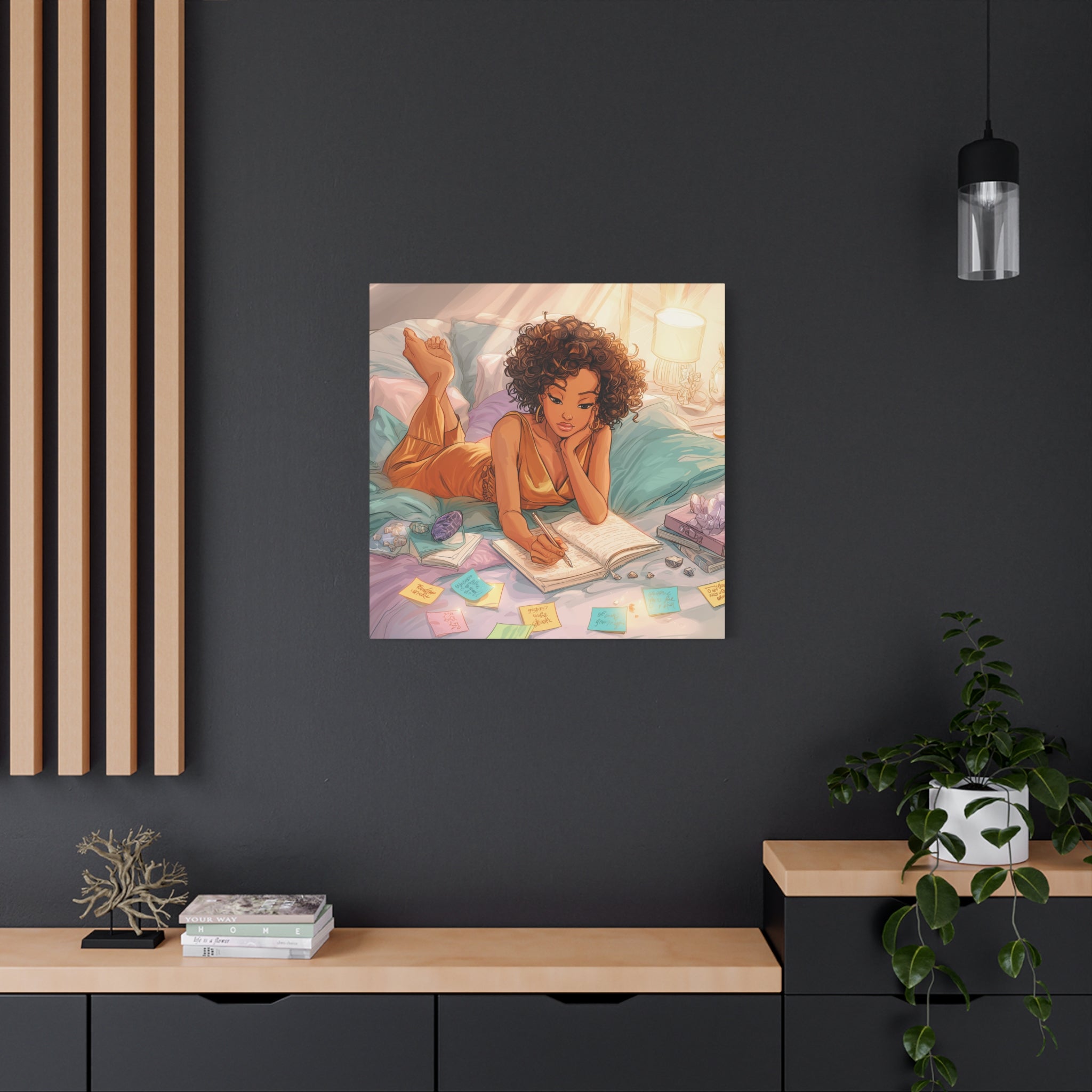 Curly-Haired Woman Journaling Canvas