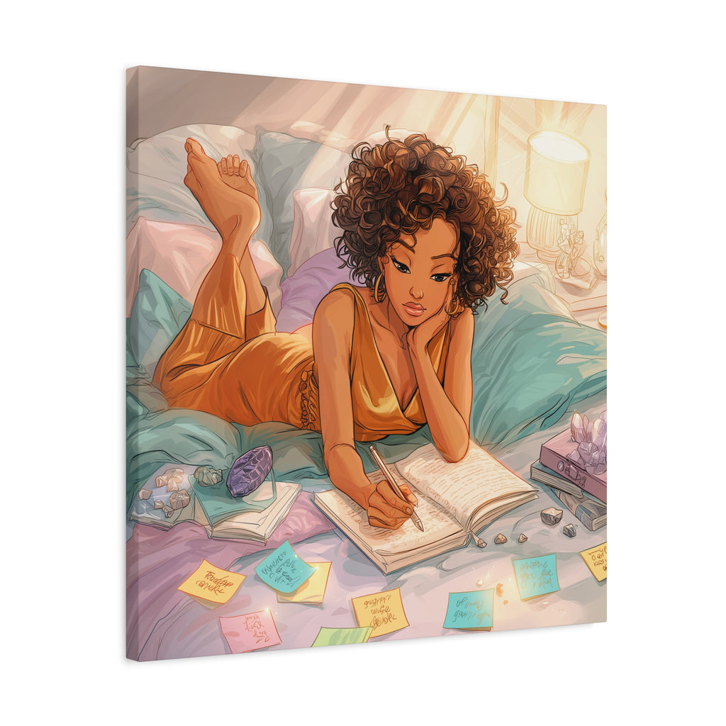 Curly-Haired Woman Journaling Canvas