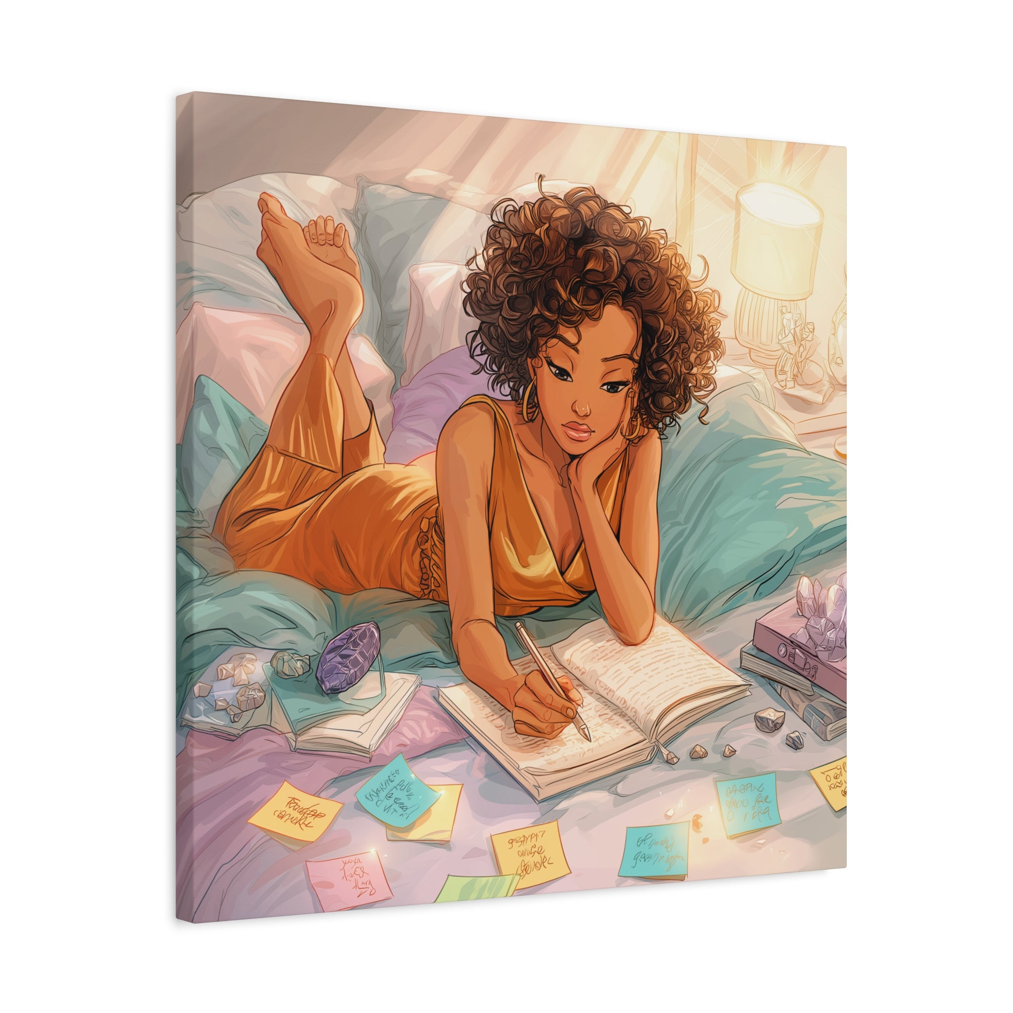 Curly-Haired Woman Journaling Canvas