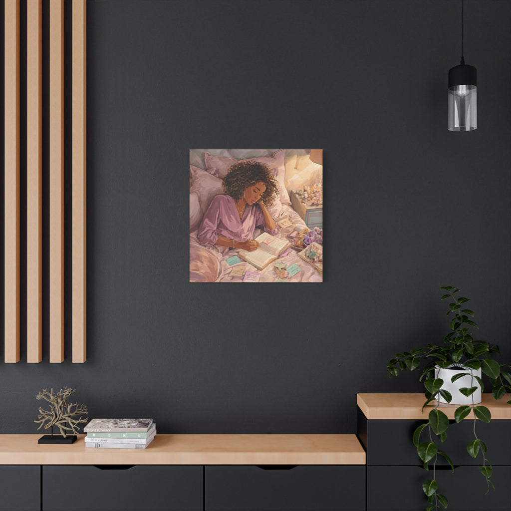 Woman Journaling with Crystals Canvas