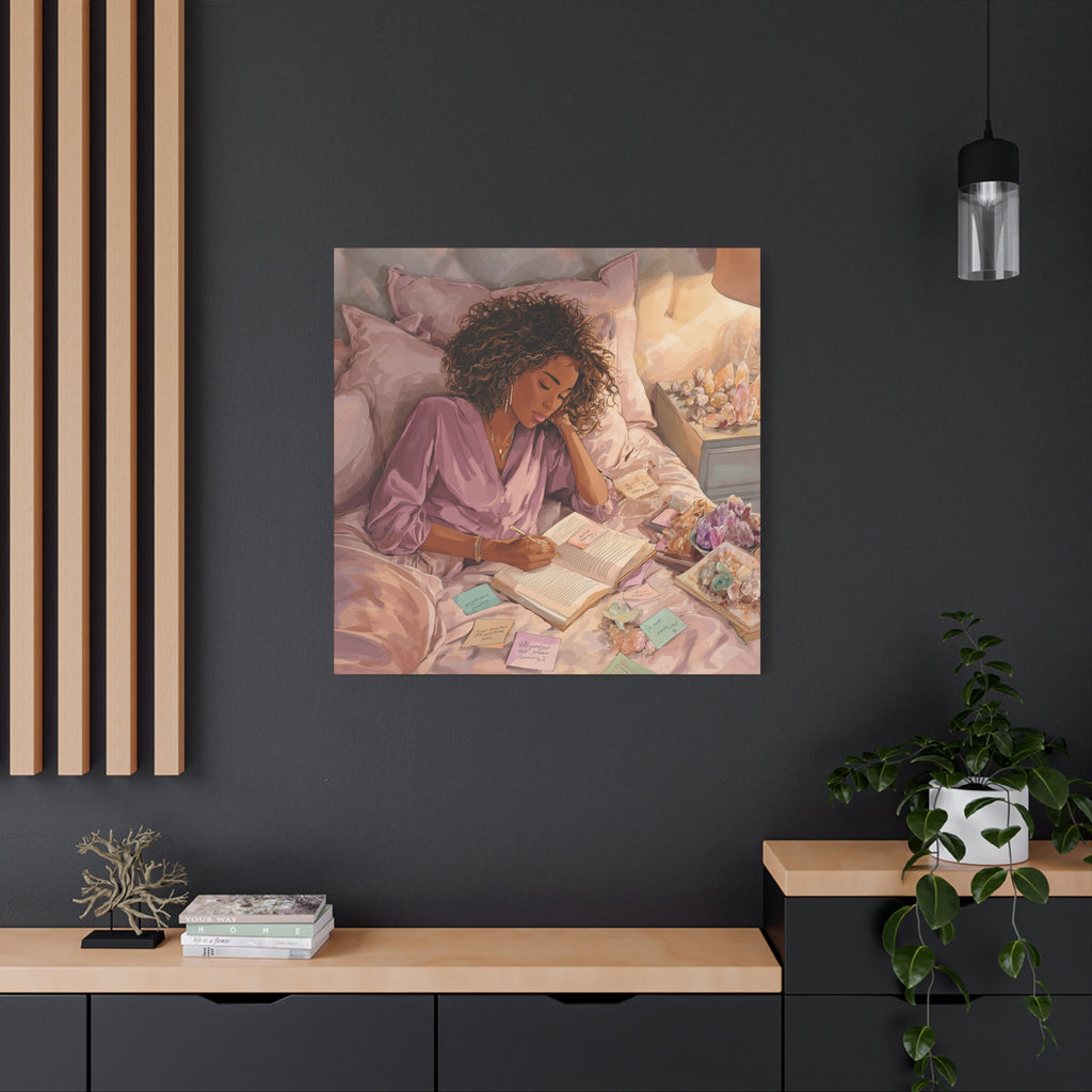 Woman Journaling with Crystals Canvas