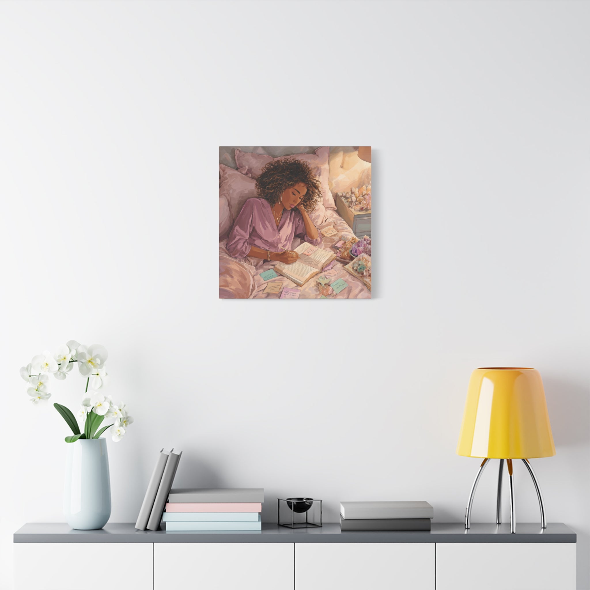 Woman Journaling with Crystals Canvas