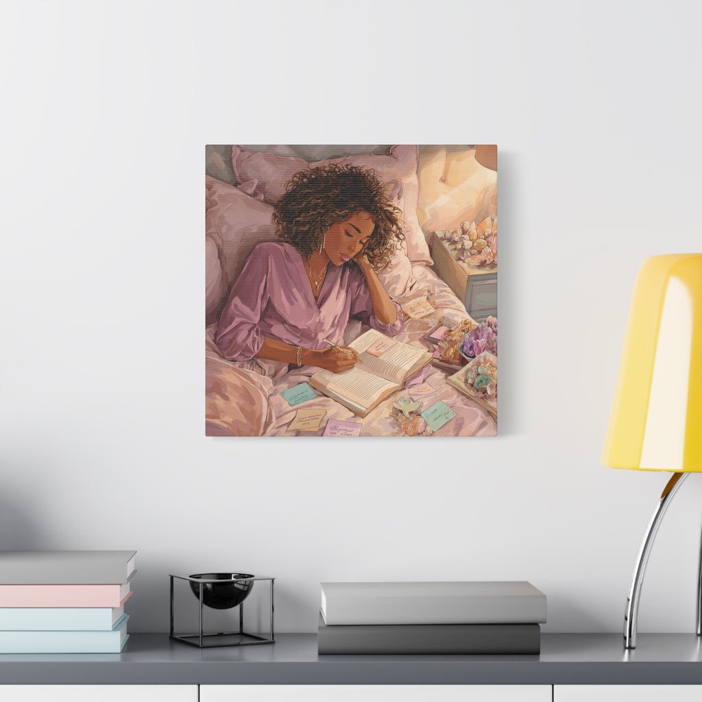 Woman Journaling with Crystals Canvas