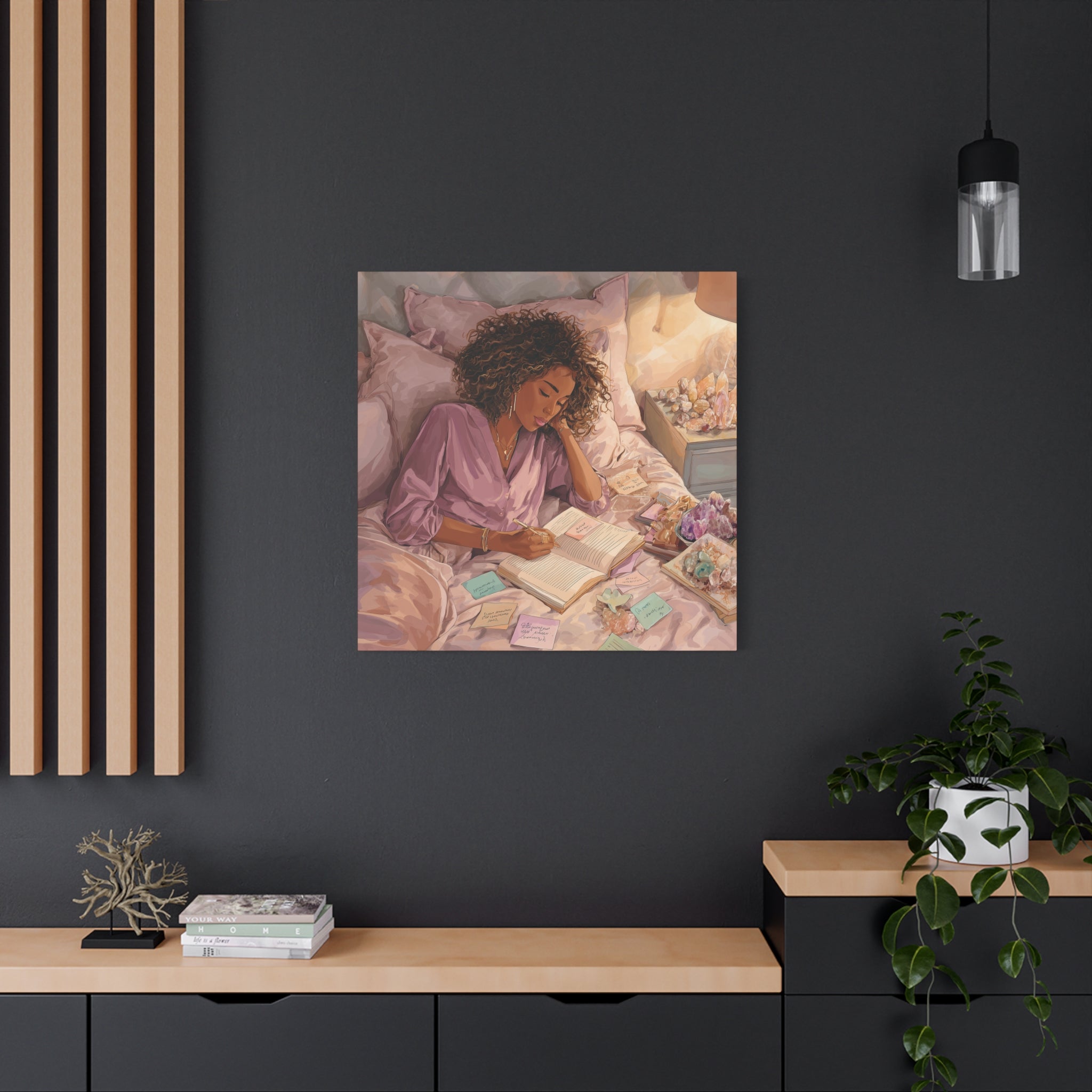 Woman Journaling with Crystals Canvas