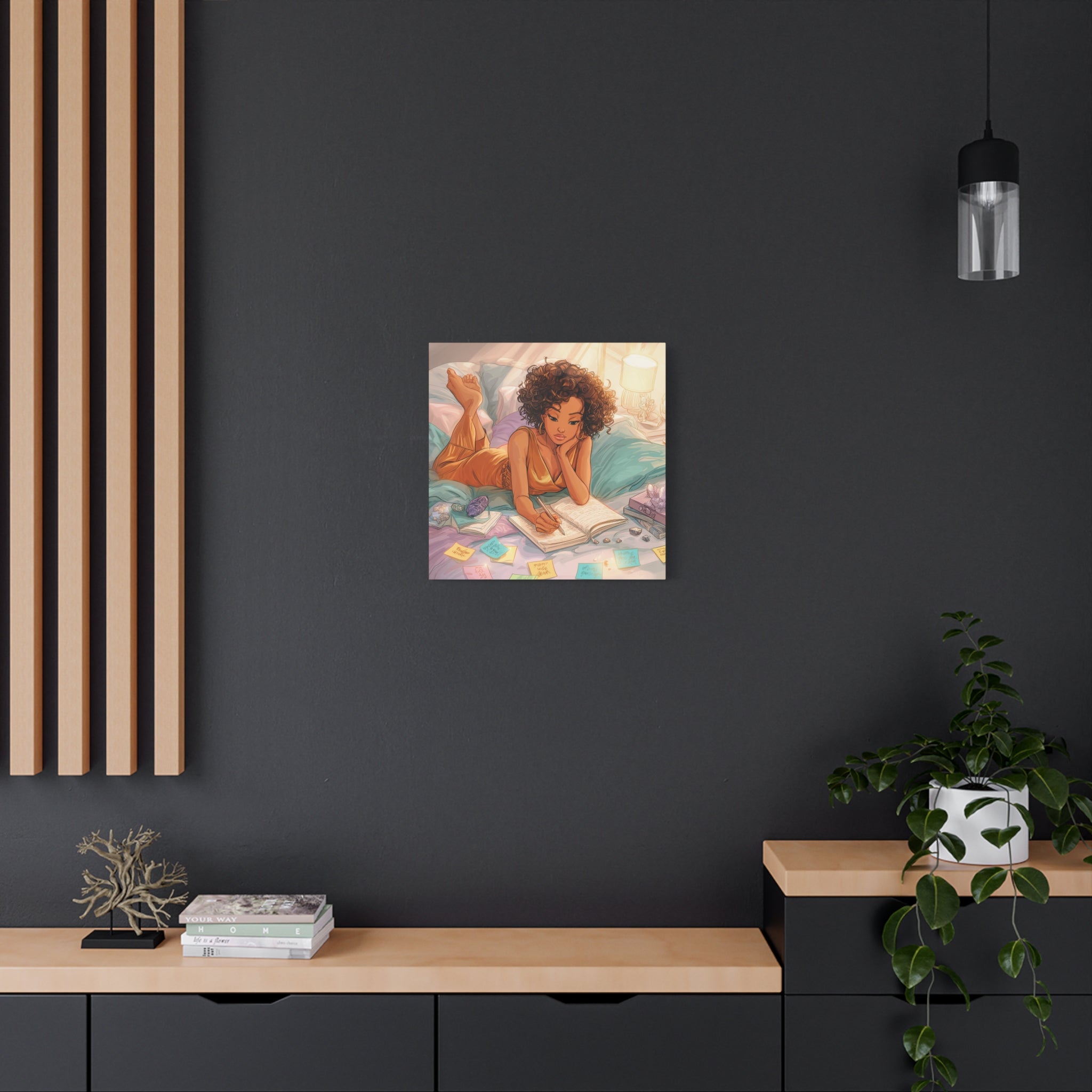 Curly-Haired Woman Journaling Canvas