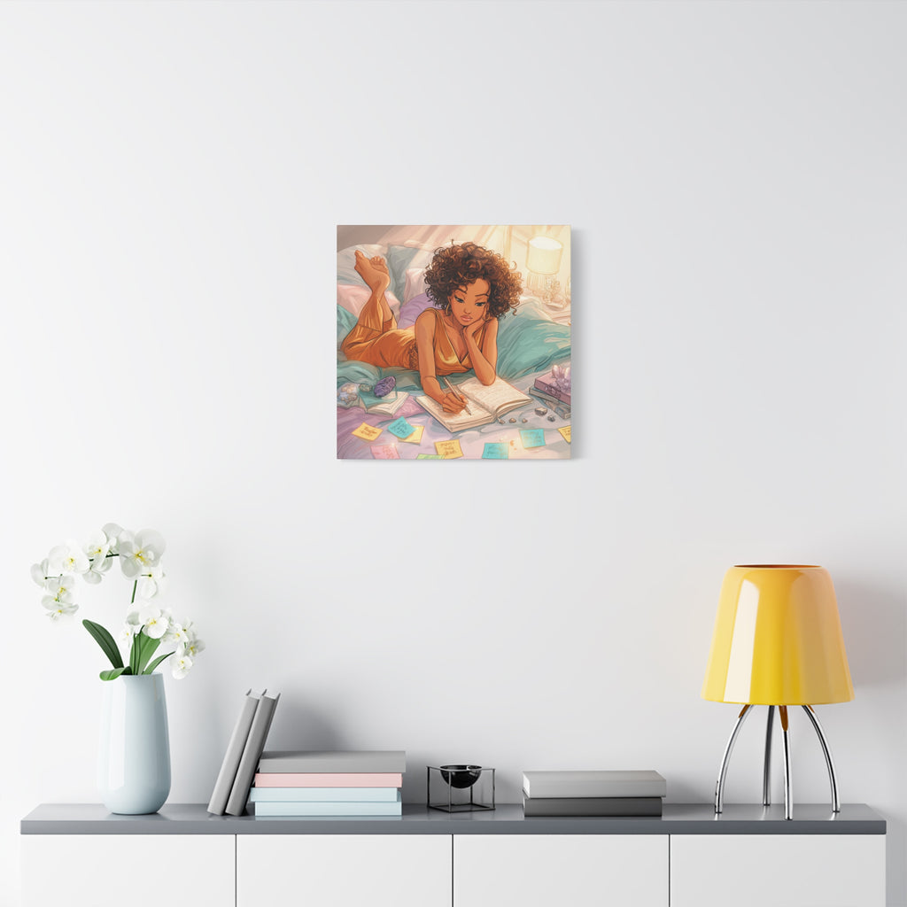 Curly-Haired Woman Journaling Canvas