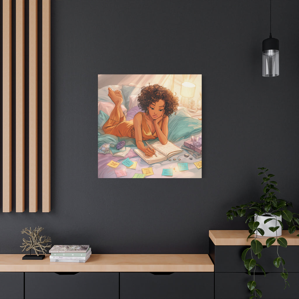 Curly-Haired Woman Journaling Canvas
