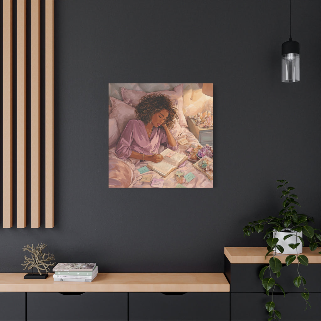 Woman Journaling with Crystals Canvas