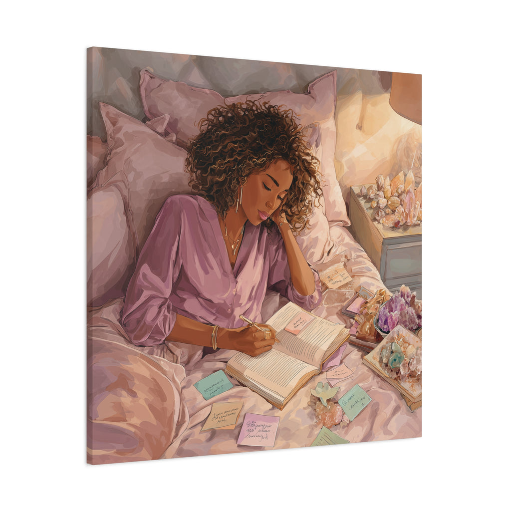 Woman Journaling with Crystals Canvas
