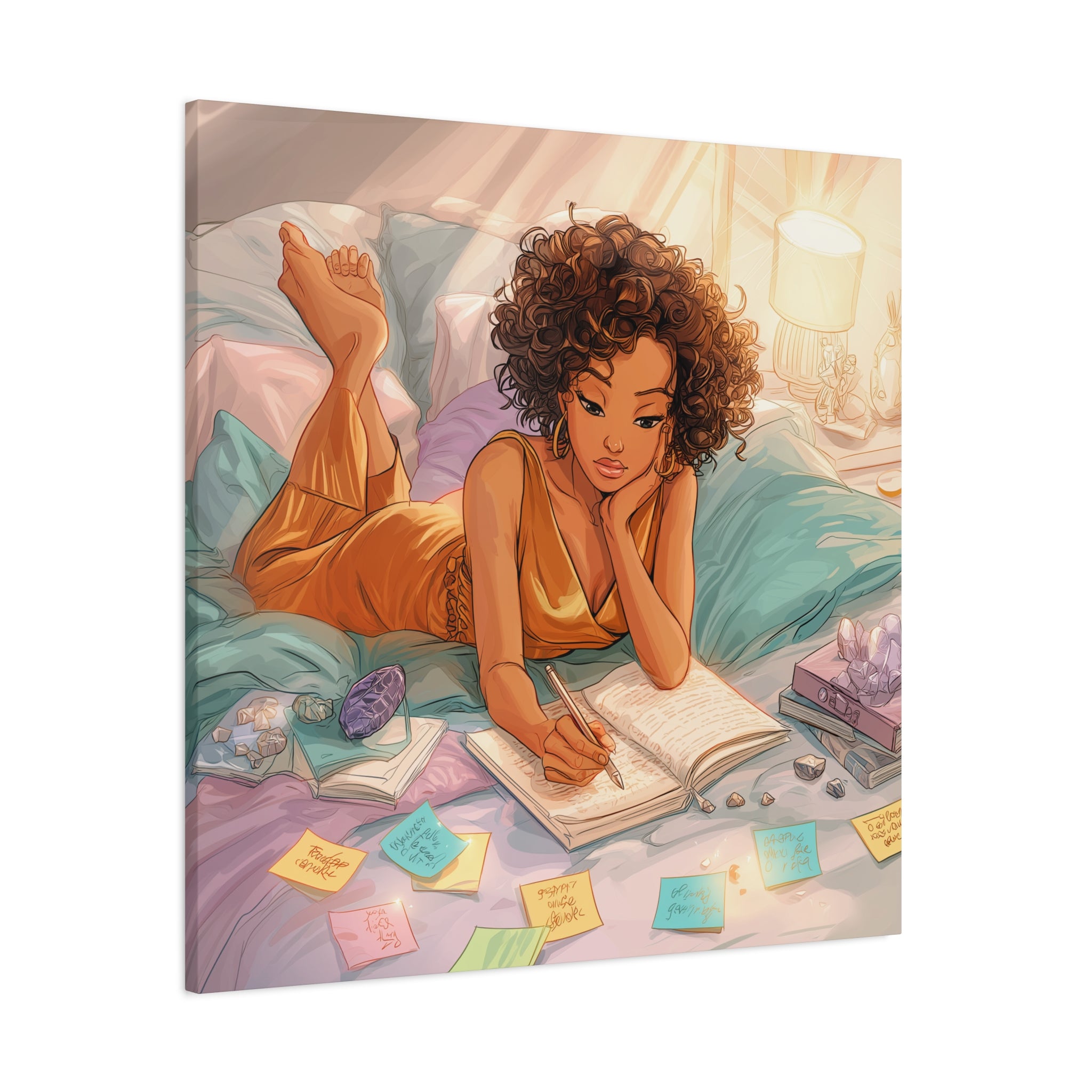 Curly-Haired Woman Journaling Canvas