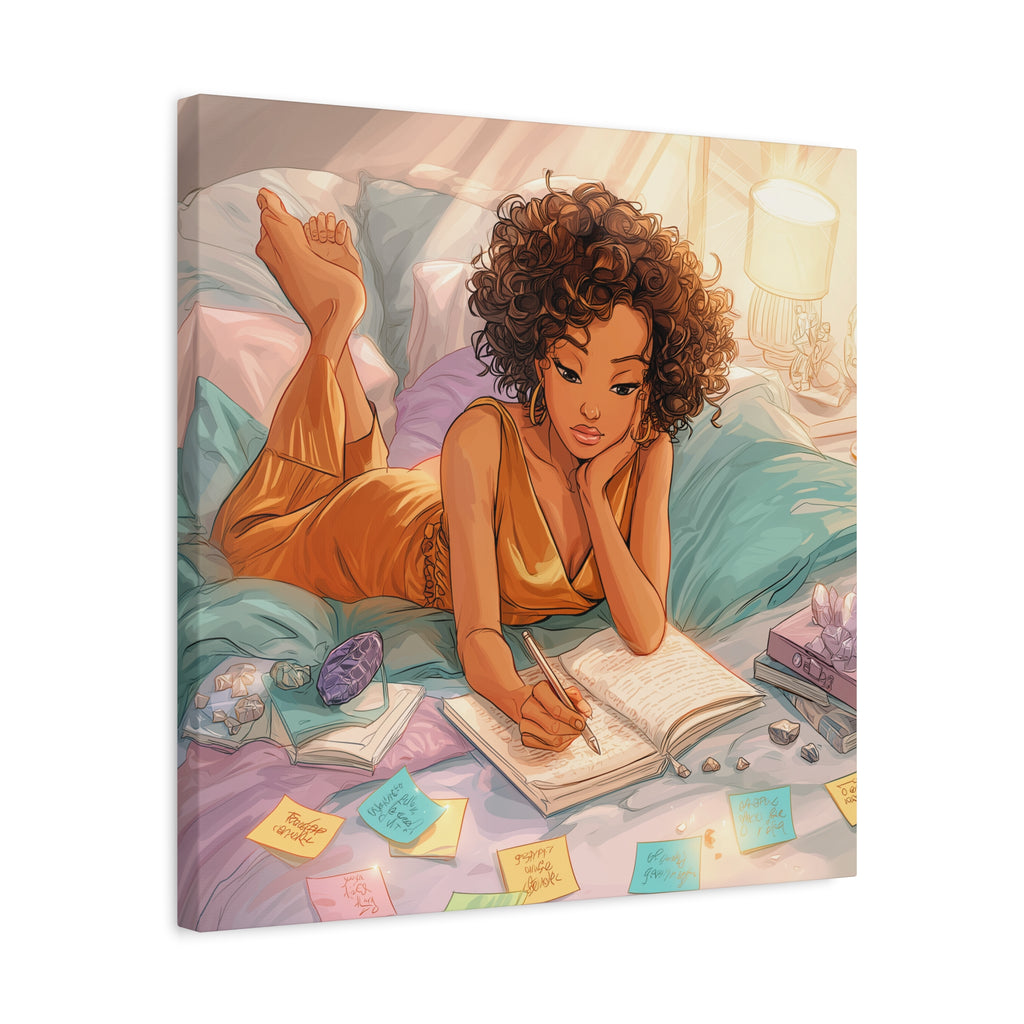 Curly-Haired Woman Journaling Canvas