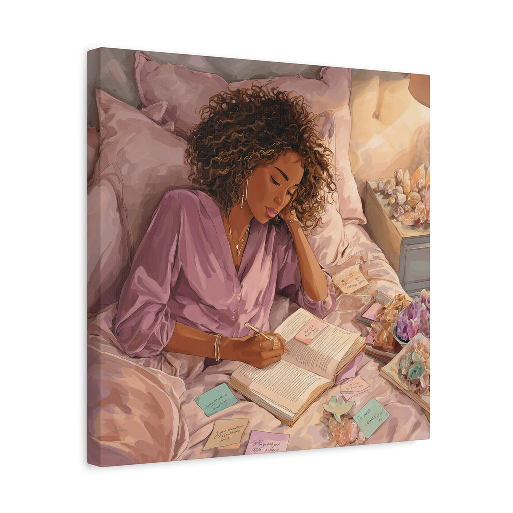 Woman Journaling with Crystals Canvas