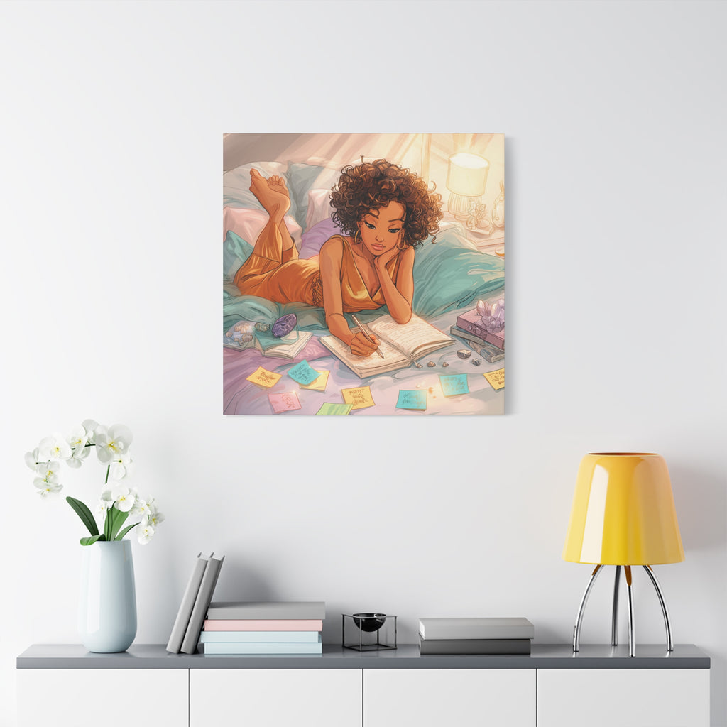 Curly-Haired Woman Journaling Canvas