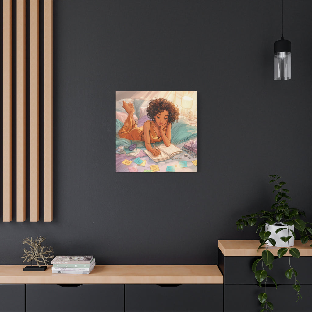 Curly-Haired Woman Journaling Canvas