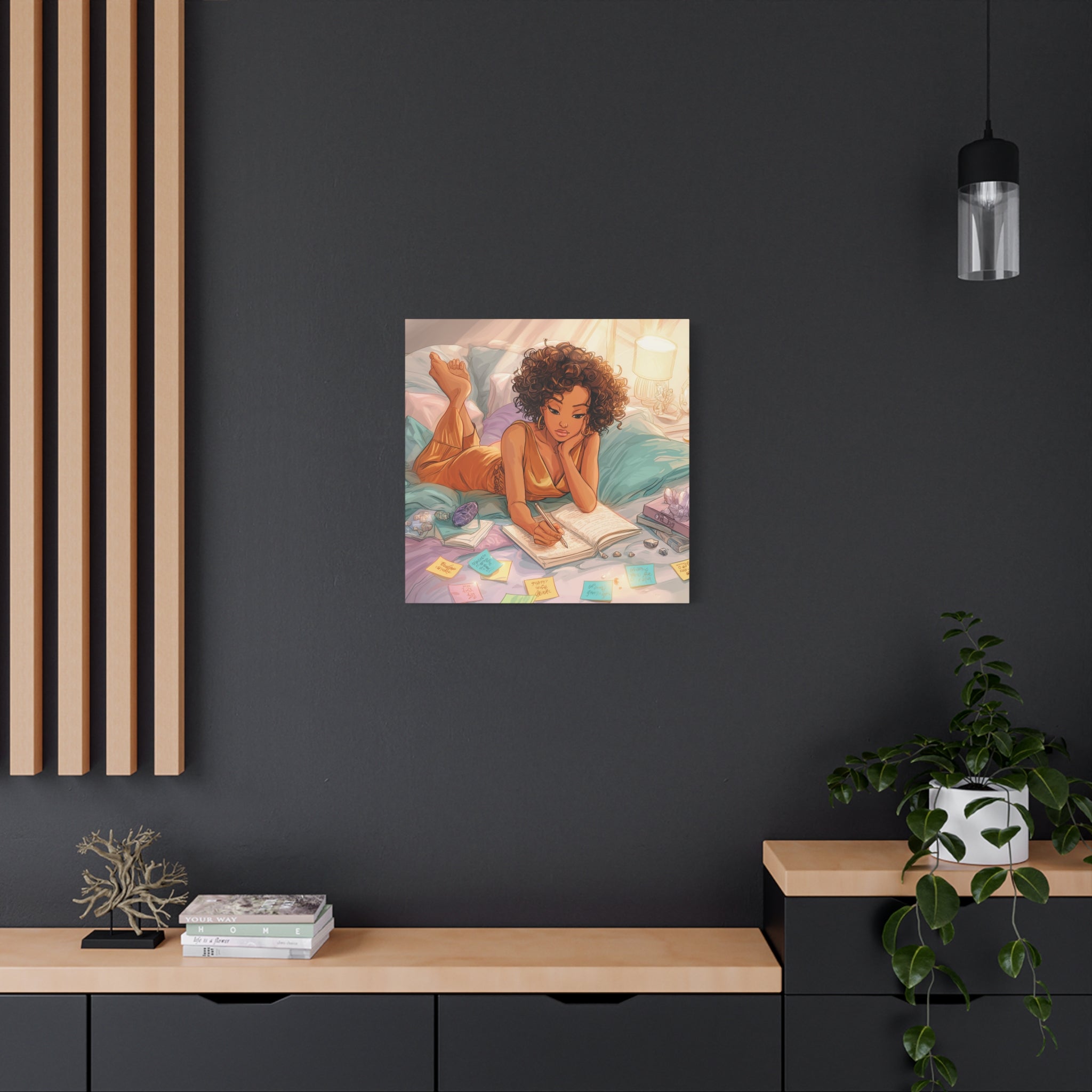Curly-Haired Woman Journaling Canvas
