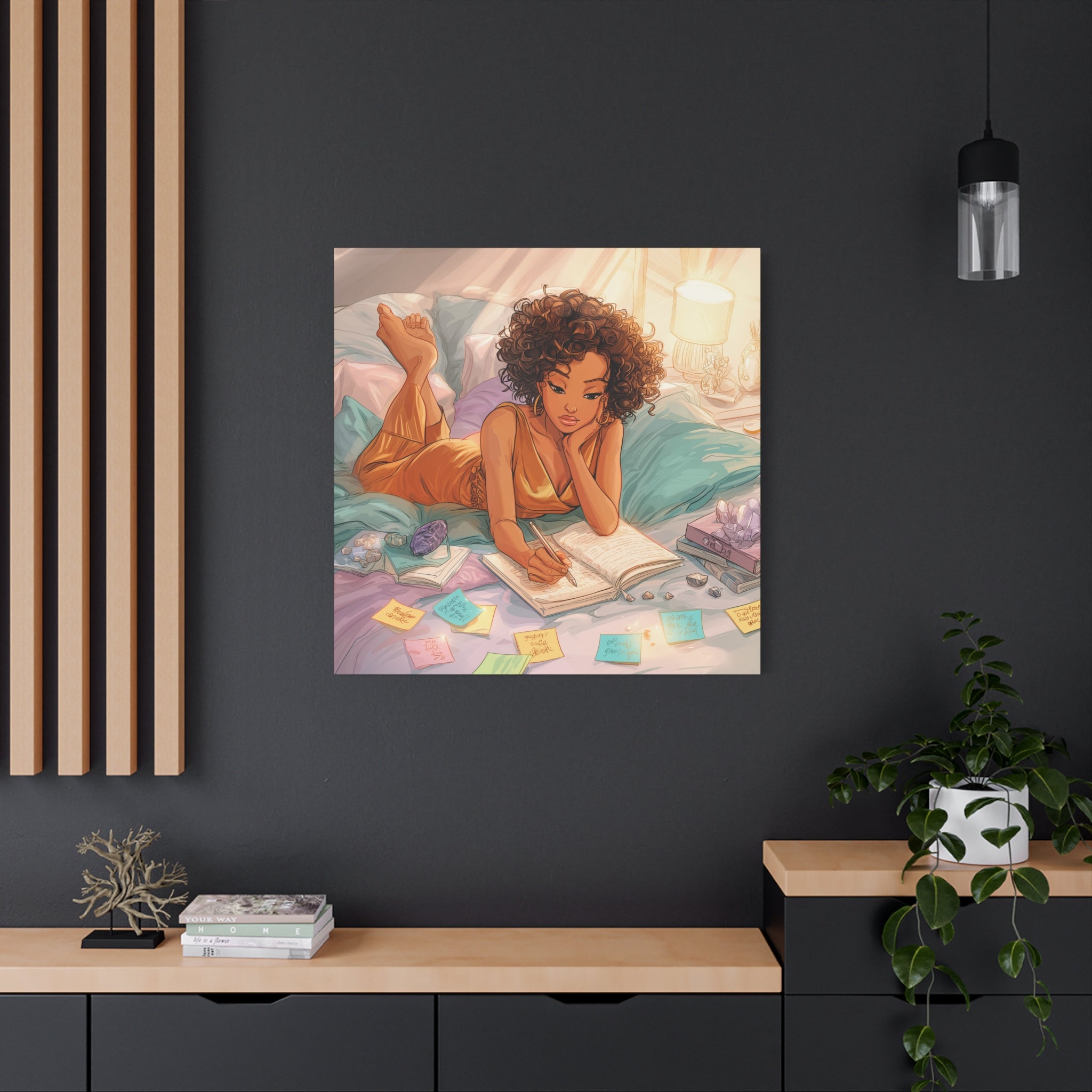 Curly-Haired Woman Journaling Canvas