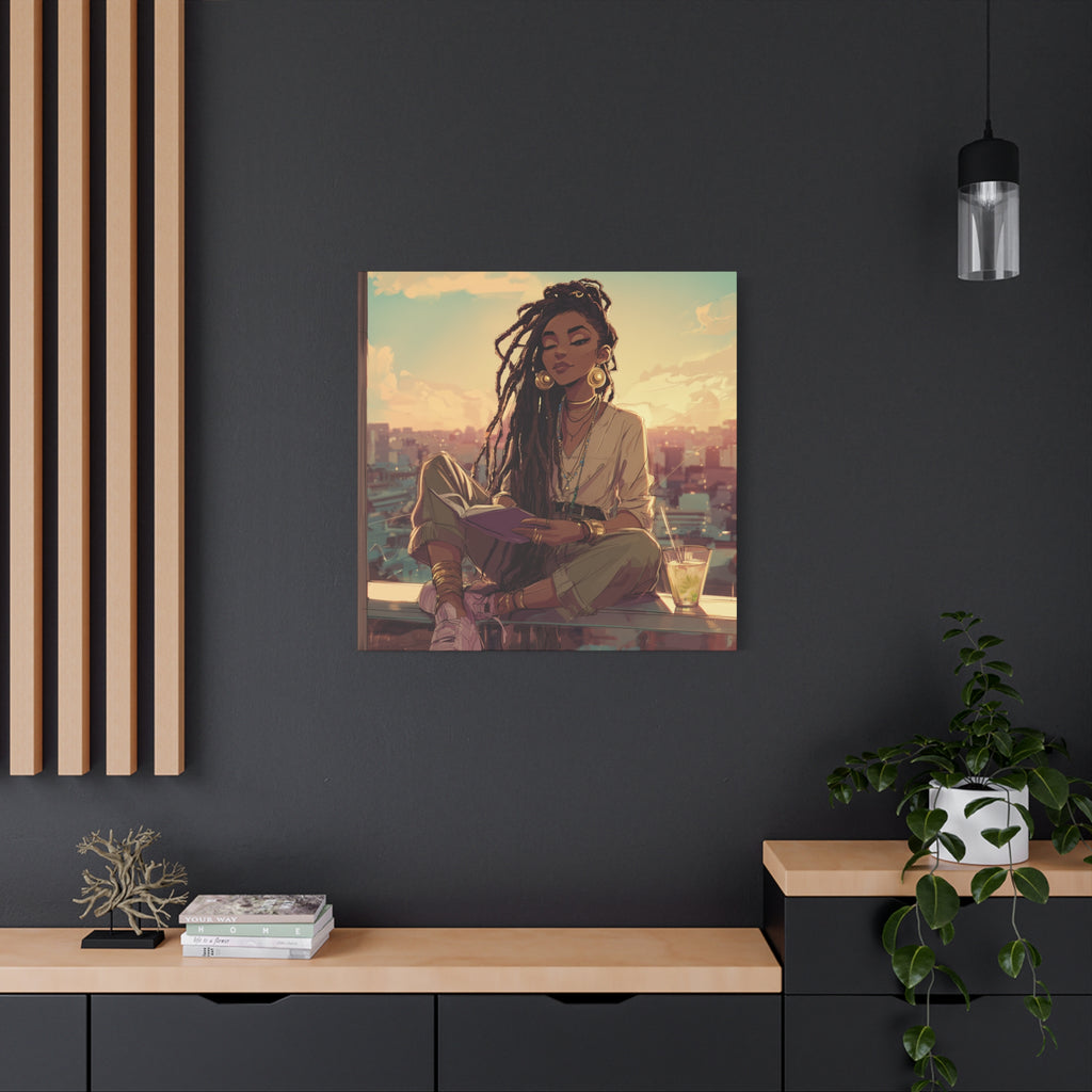Woman with Dreads Reading by Window Canvas