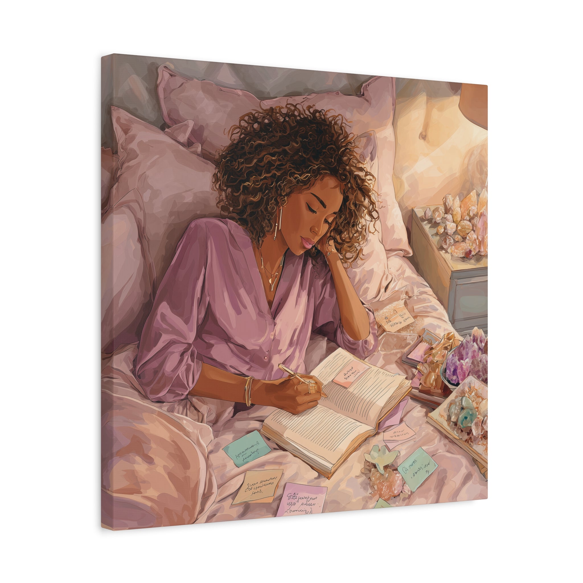 Woman Journaling with Crystals Canvas