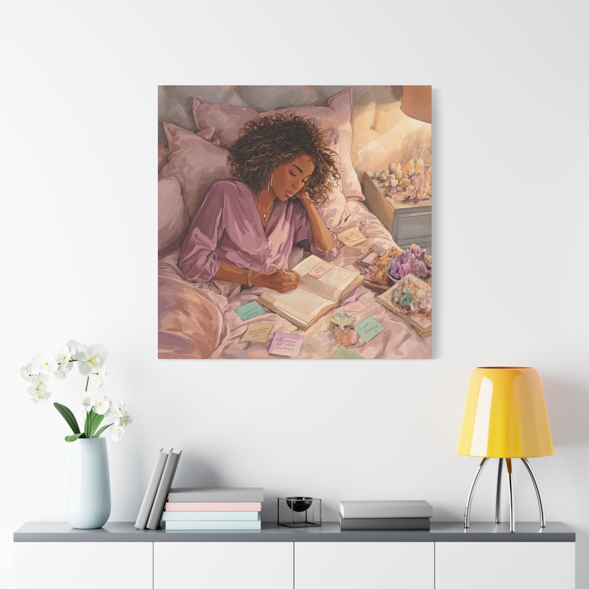 Woman Journaling with Crystals Canvas