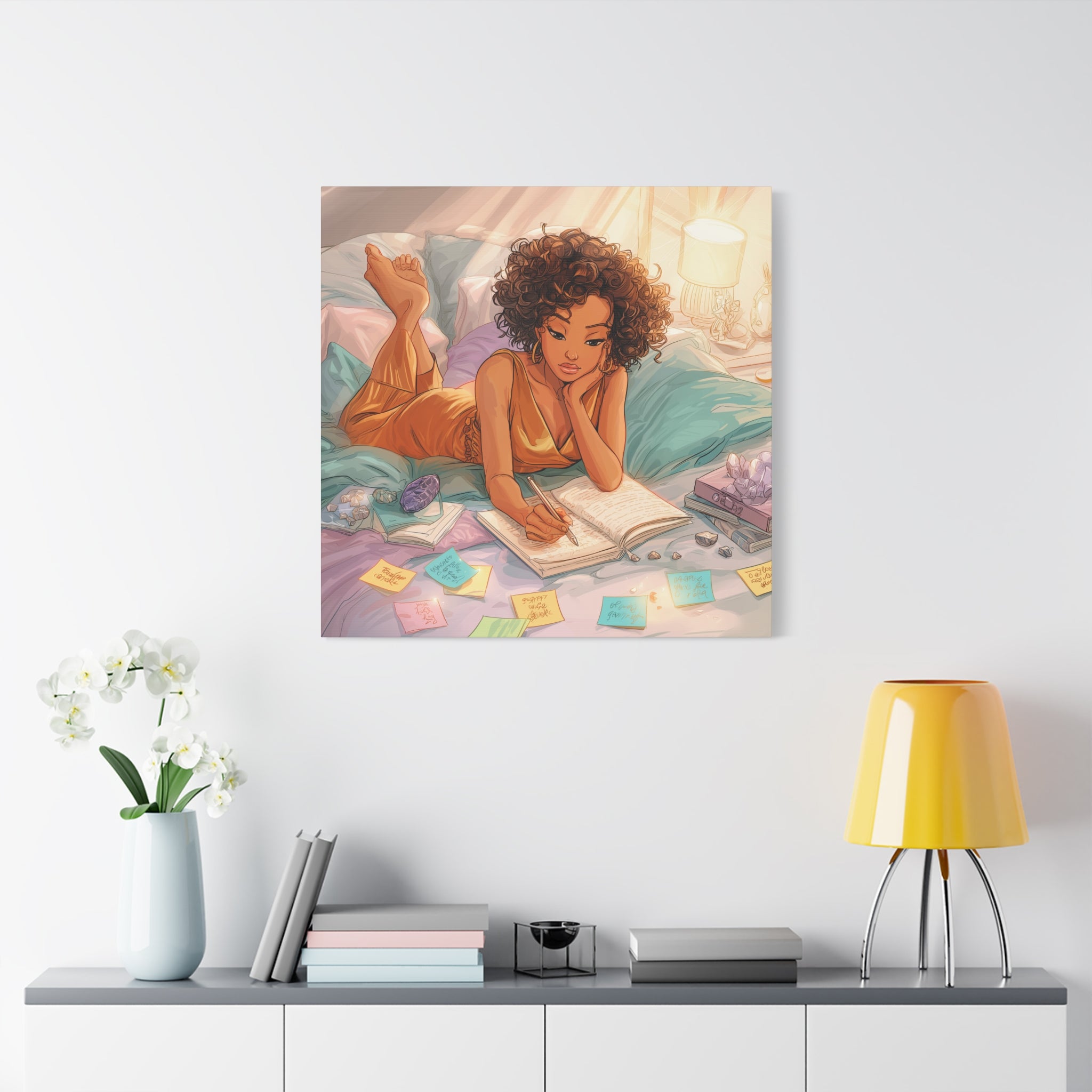 Curly-Haired Woman Journaling Canvas