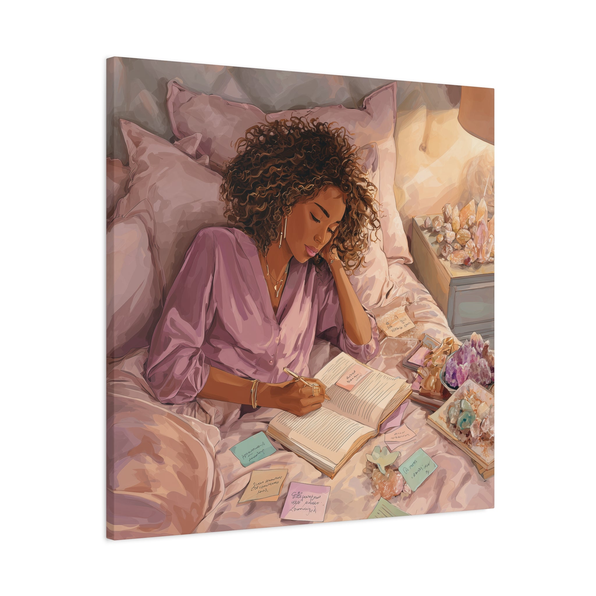 Woman Journaling with Crystals Canvas