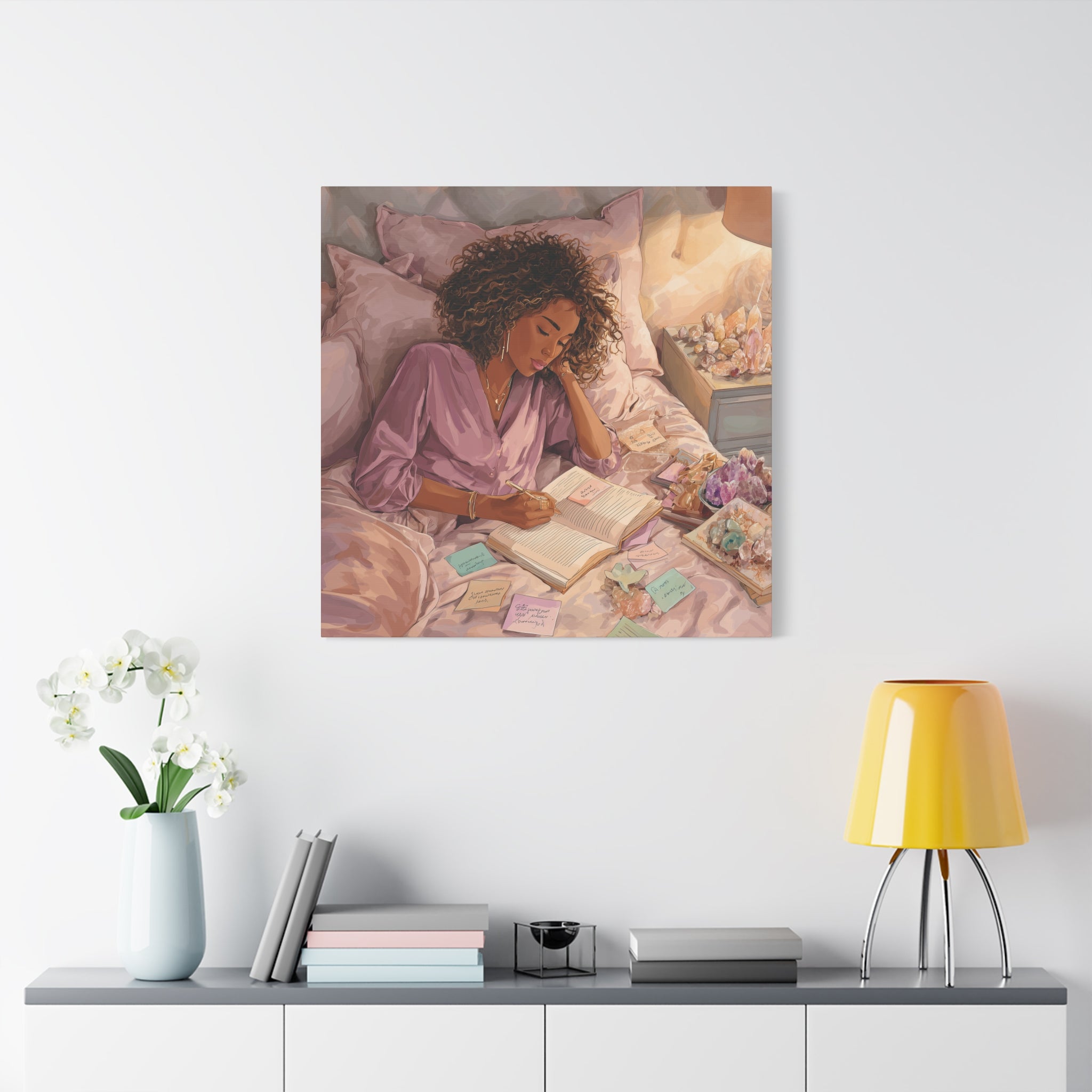 Woman Journaling with Crystals Canvas