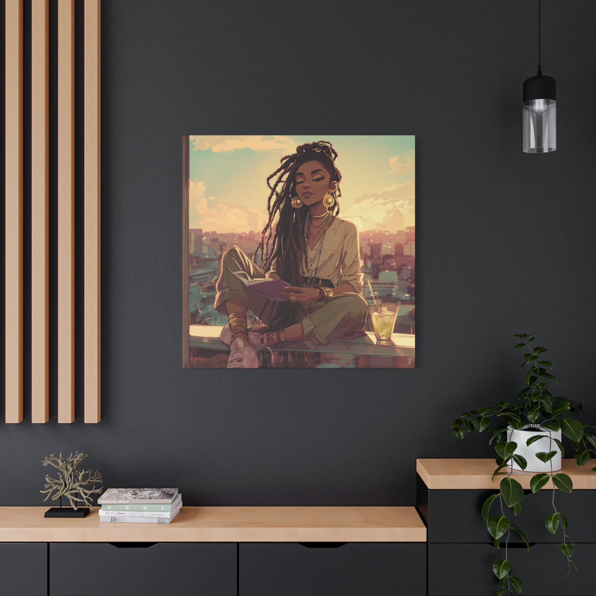Woman with Dreads Reading by Window Canvas