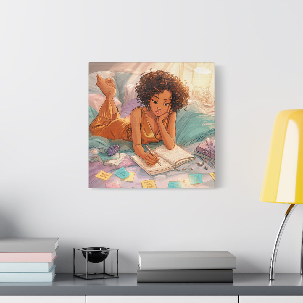 Curly-Haired Woman Journaling Canvas